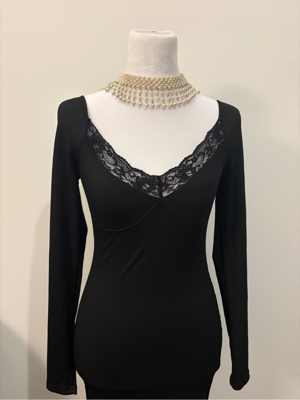 Black Lace Trim Ribbed Mini Dress Coquette Goth Going Out Dress